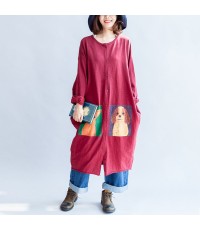 autumn red casual cotton coats oversize o neck long sleeve cardigans
