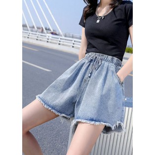 Women Light Blue Elastic Waist drawstring Asymmetrical Pockets Cotton Denim Short Pants Summer