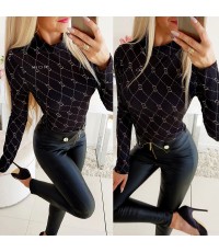 Spot Autumn and Winter New European and American Women's Wear Cross border Amazon Popular Fit Slim Print T-shirt Top OM9220