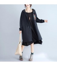 autumn women prints black cotton cardigan oversize fashion  fit hooded trench coat