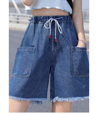 French Light Blue Elastic Waist Drawstring Pockets Cotton Denim Short Pants Summer