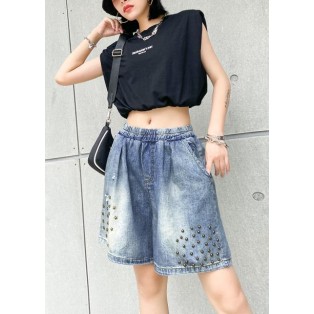 Women's loose straight denim blue shorts large size thin section rivet hole five-point pants