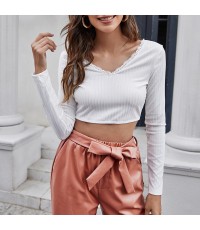 European and American cross-border women's dress backless lace up long sleeved T-shirt navel exposed knitwear lace peach collar sexy solid color vest