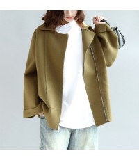 Tea green zippered woolen short coats oversize jackets cape coat