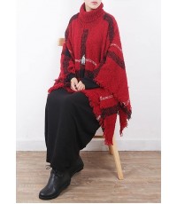 red plaid tassel cloak women casual high neck knit sweater