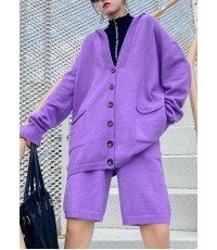 Women's autumn plus size fashion knitted cardigan shorts purple two-piece